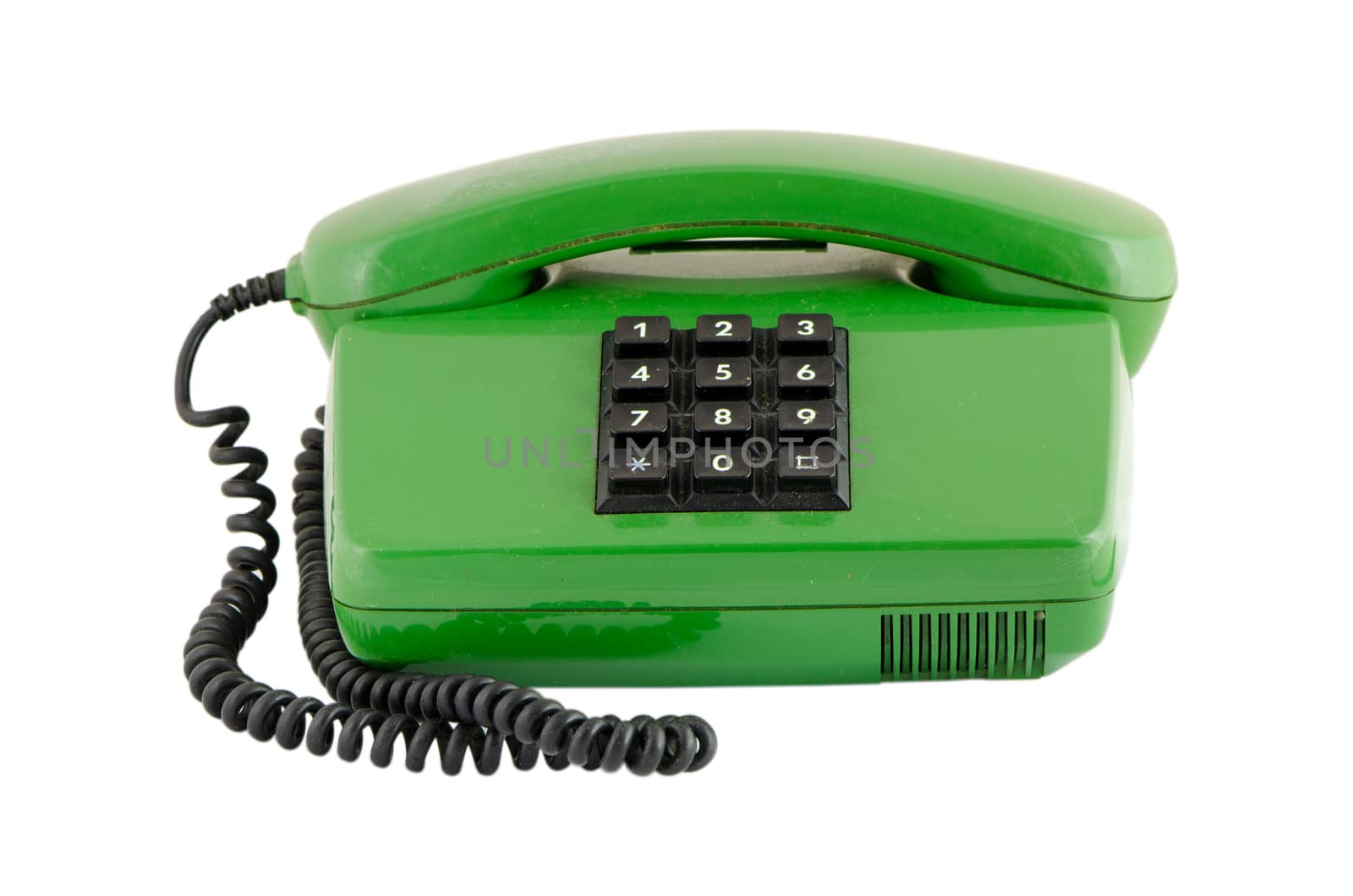 old green house phone with black buttons isolated on white background