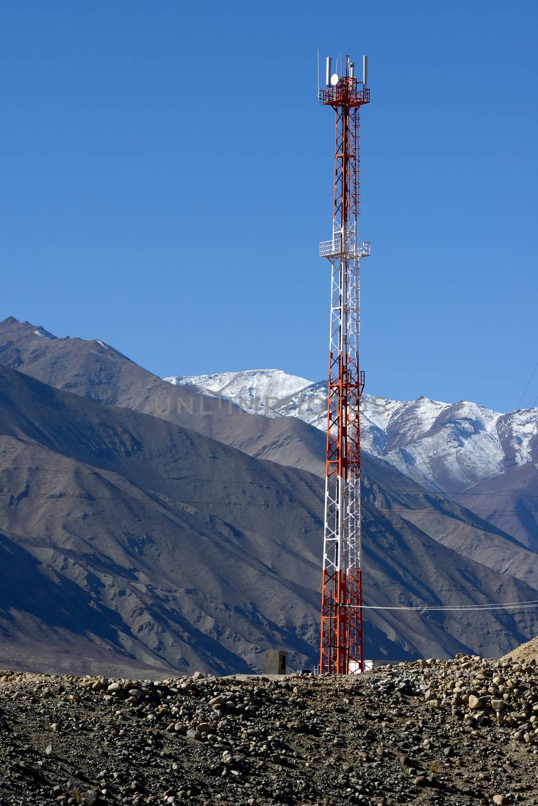 Tower of telecommunications on mountain, leh, ladakh, india