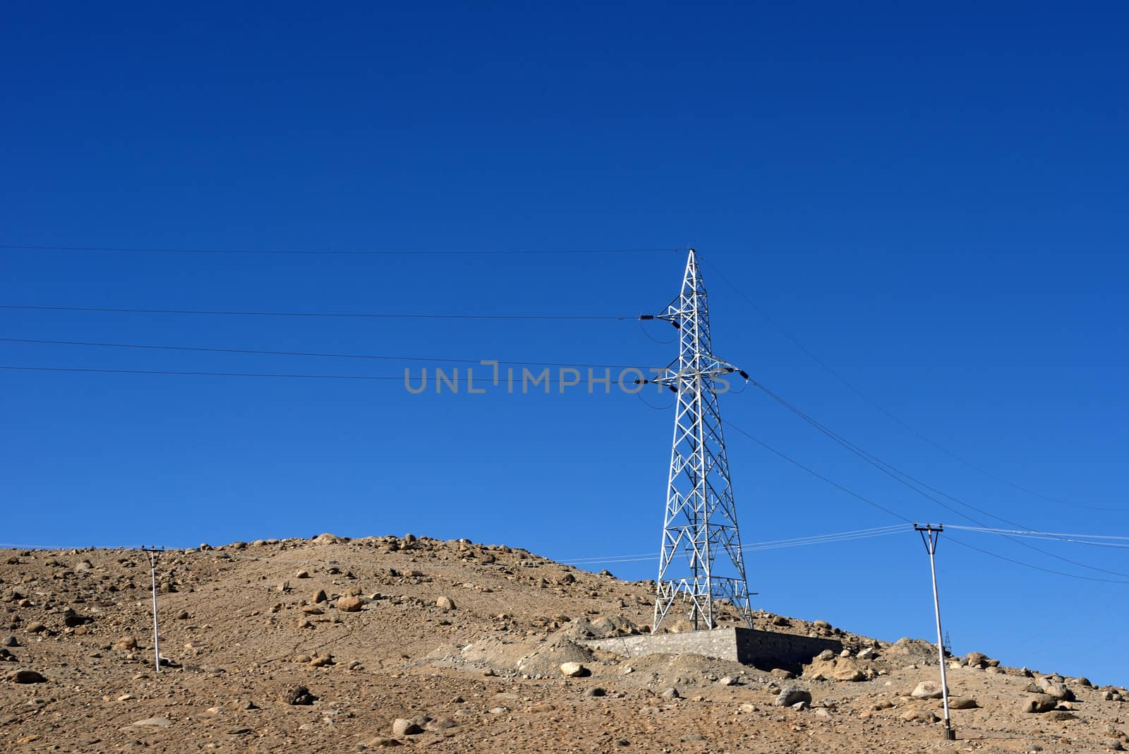 Tower of electicity post on mountain, leh, ladakh, india