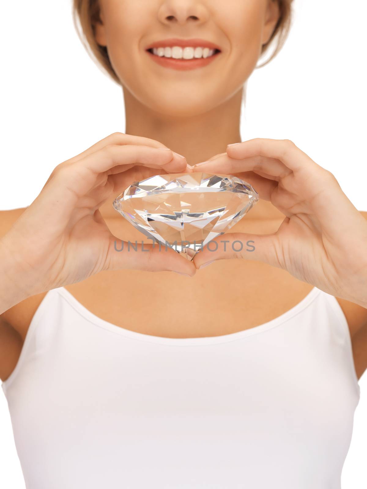 bright picture of smiling woman with big diamond