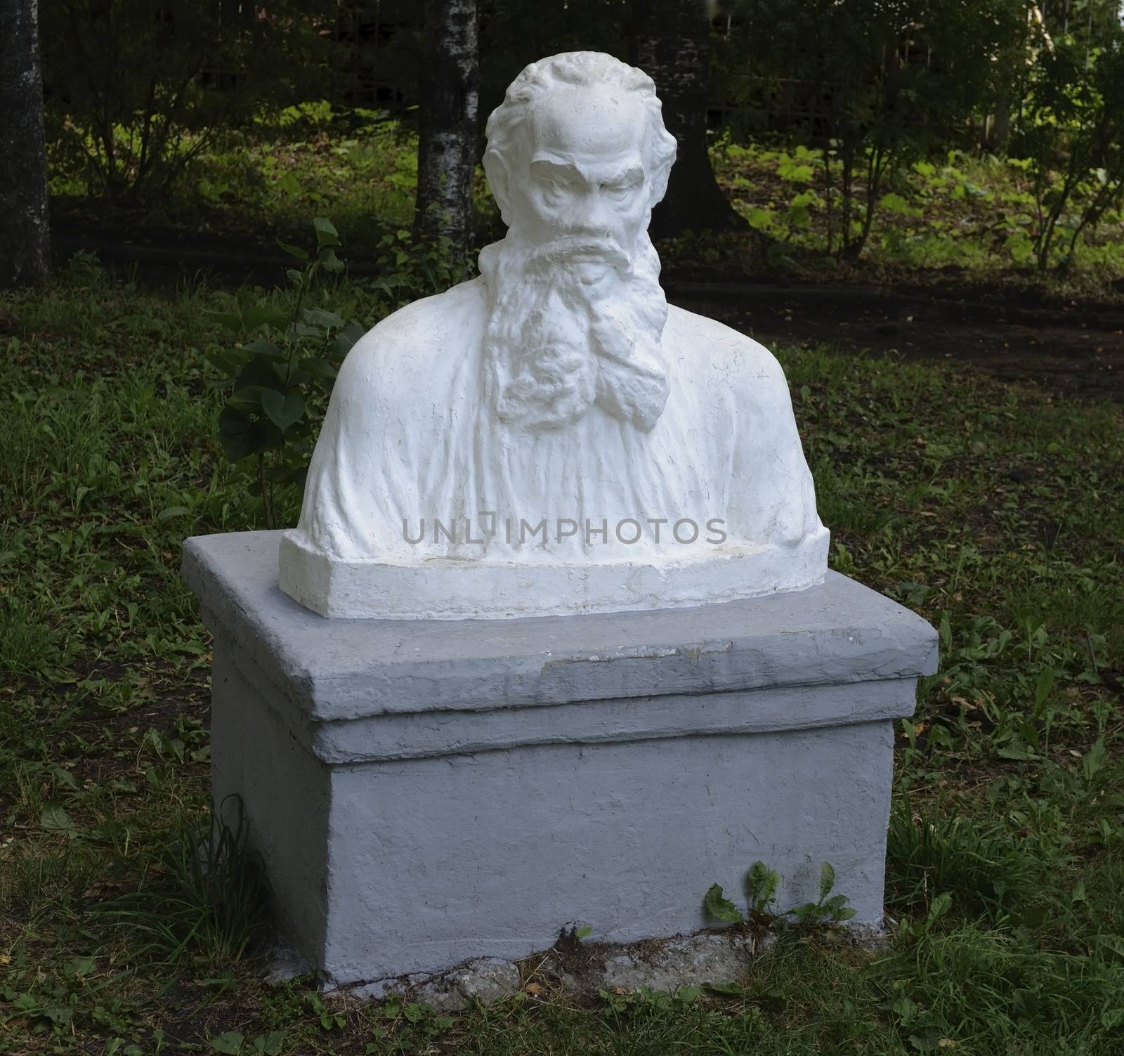 Bust of Leo Tolstoy in park by wander