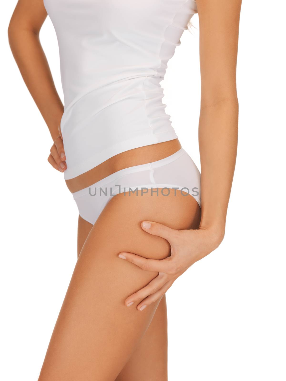 closeup picture of woman in cotton underwear showing slimming concept