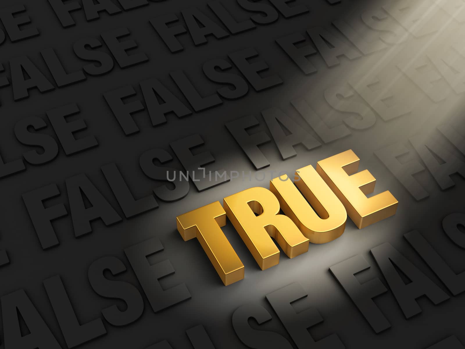 A bright spotlight illuminates a golden "TRUE" on a dark background of gray "FALSE"s