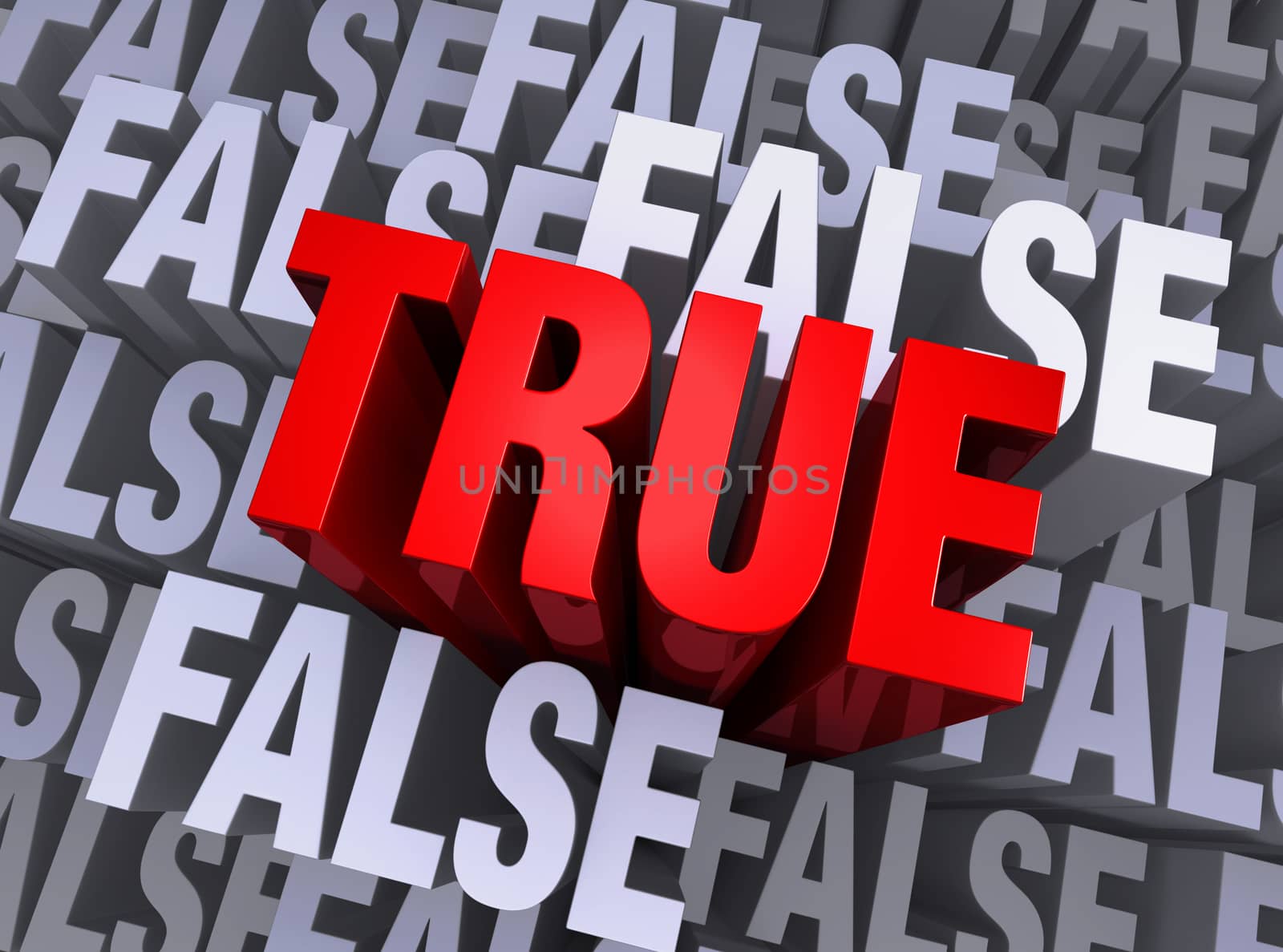 A bold, red "TRUE" emerges from a muted 3d background made up of multiple instances of the word "FALSE" 