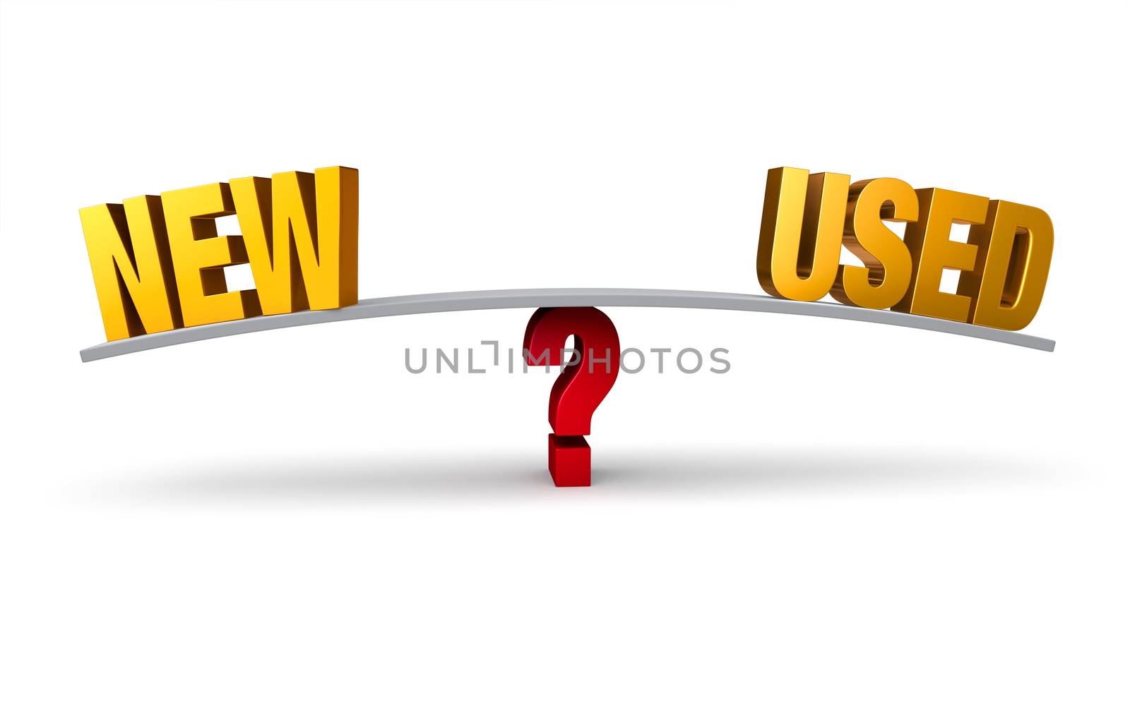 A bright, gold "NEW" and "USED" sit on opposite ends of a gray board which is balanced on a red question mark. Isolated on white.