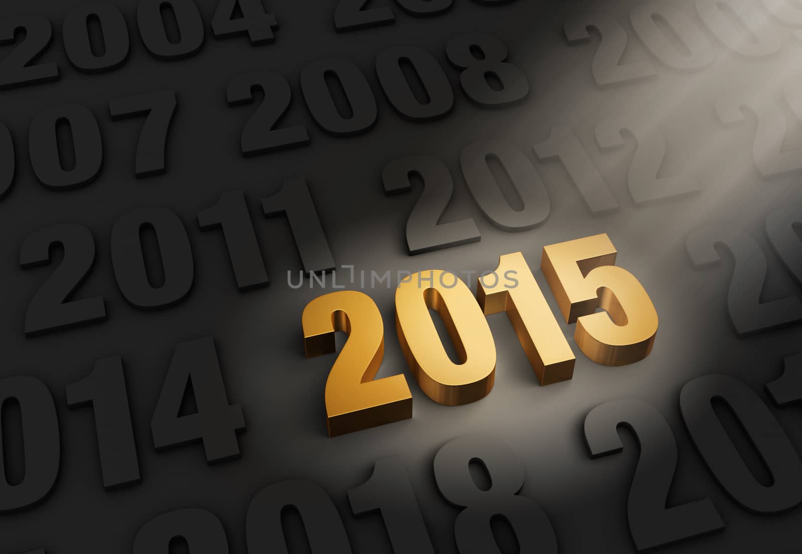 A spotlight illuminates a bright, gold "2015" on a dark background of preceding years.