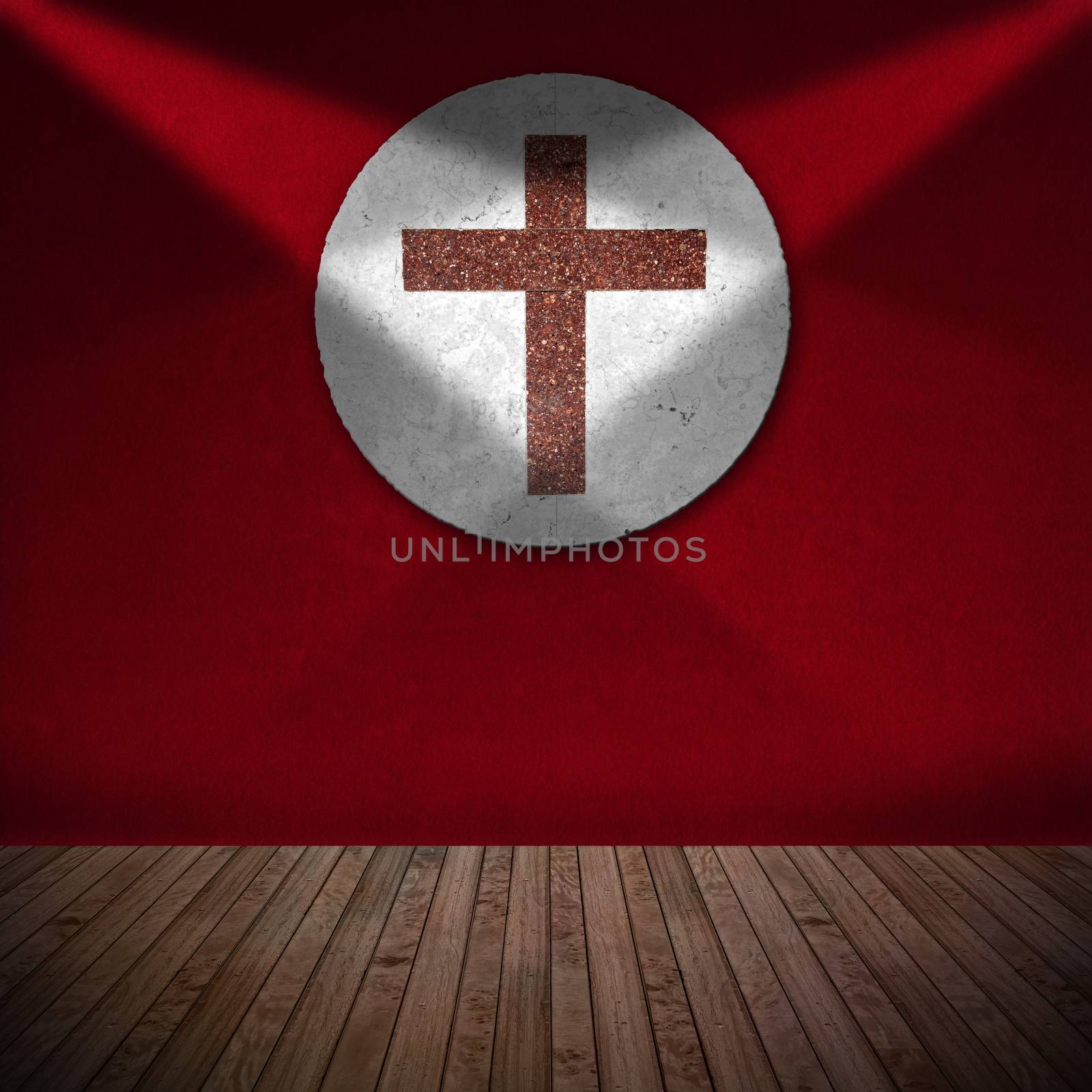 Cross in red and white marble hanging on red velvet wall and top light - Christian religion background