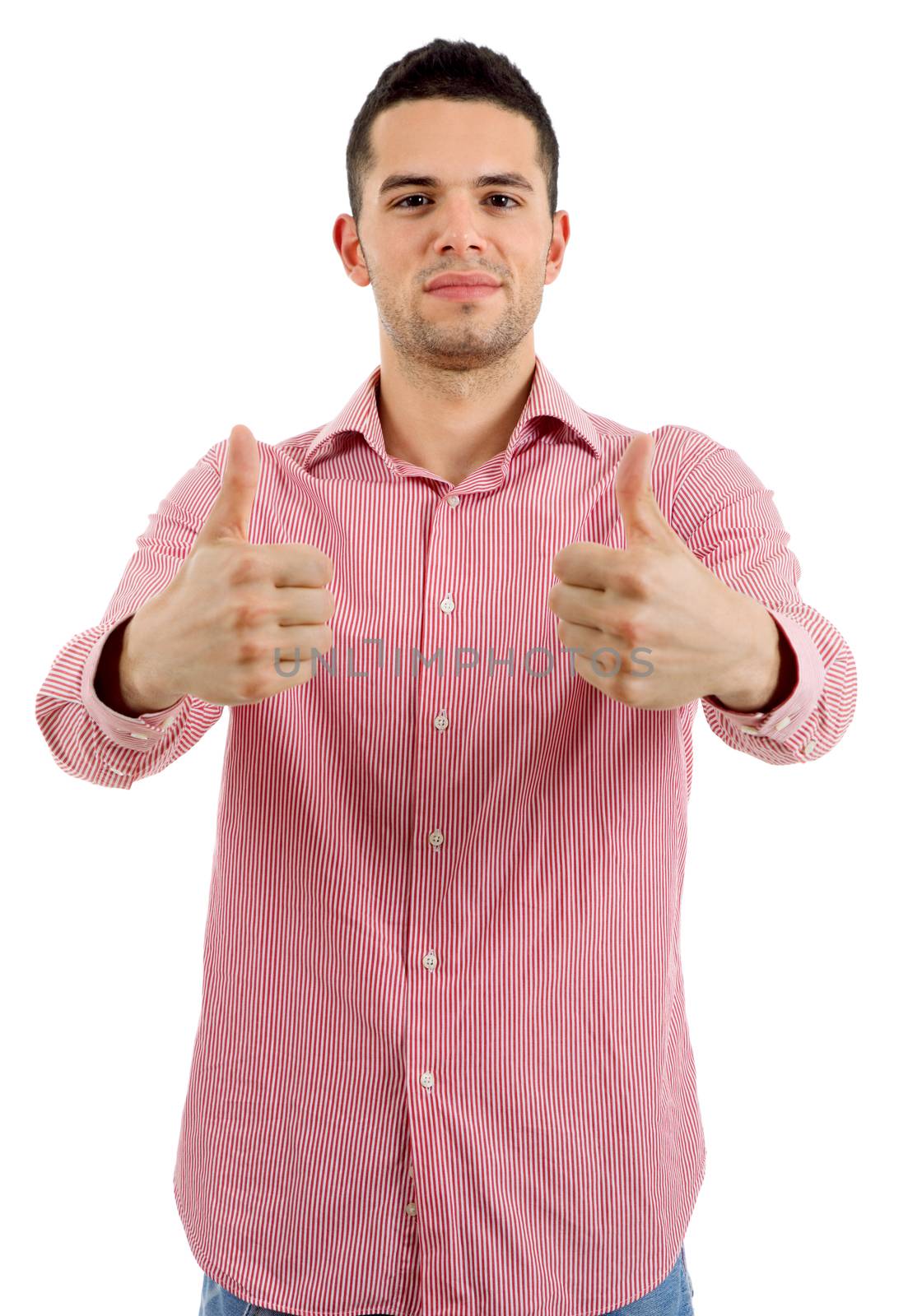 young casual man going thumb up, isolated on white