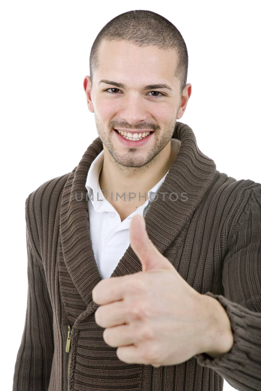 young casual man going thumb up, isolated on white