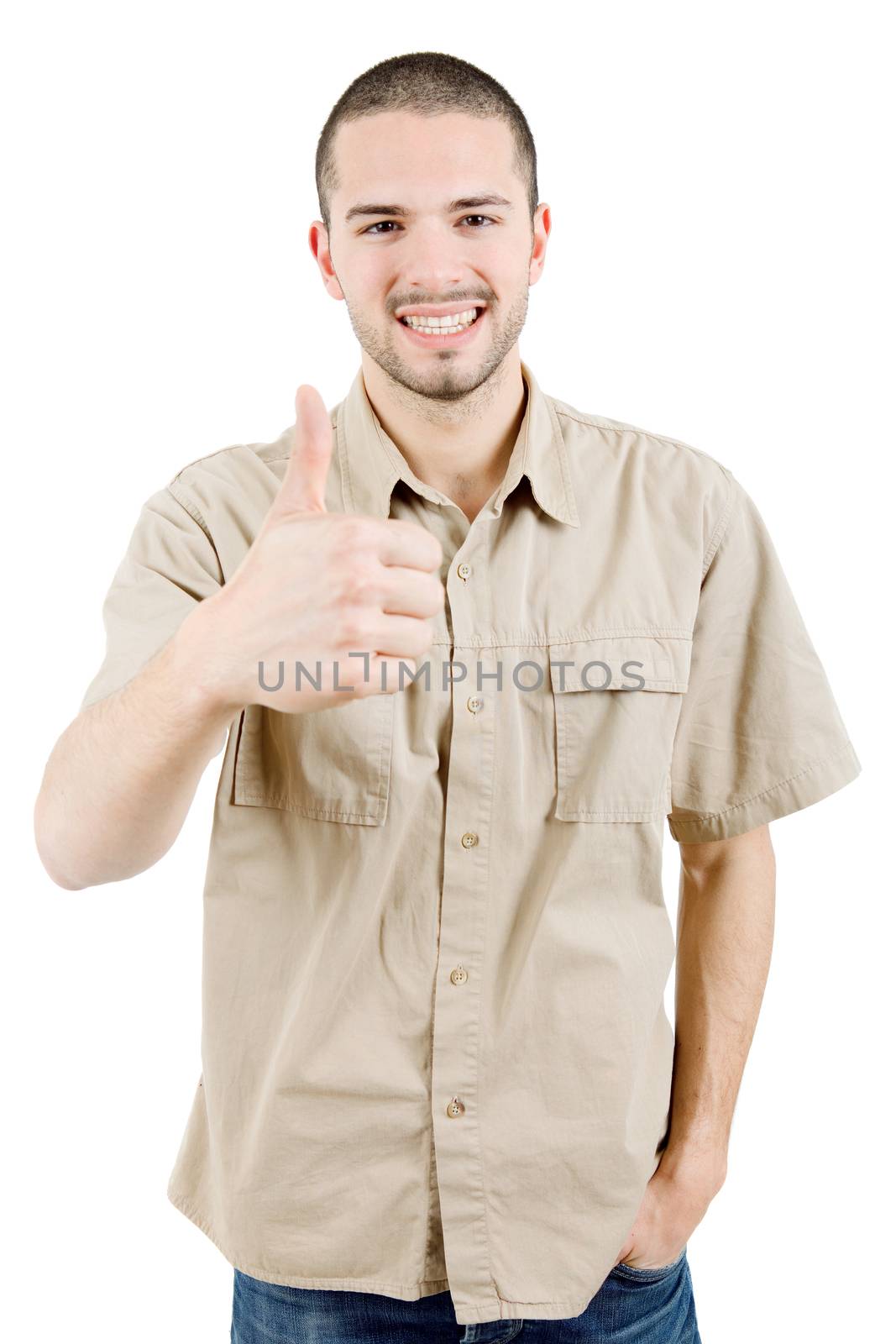 young casual man going thumb up, isolated on white