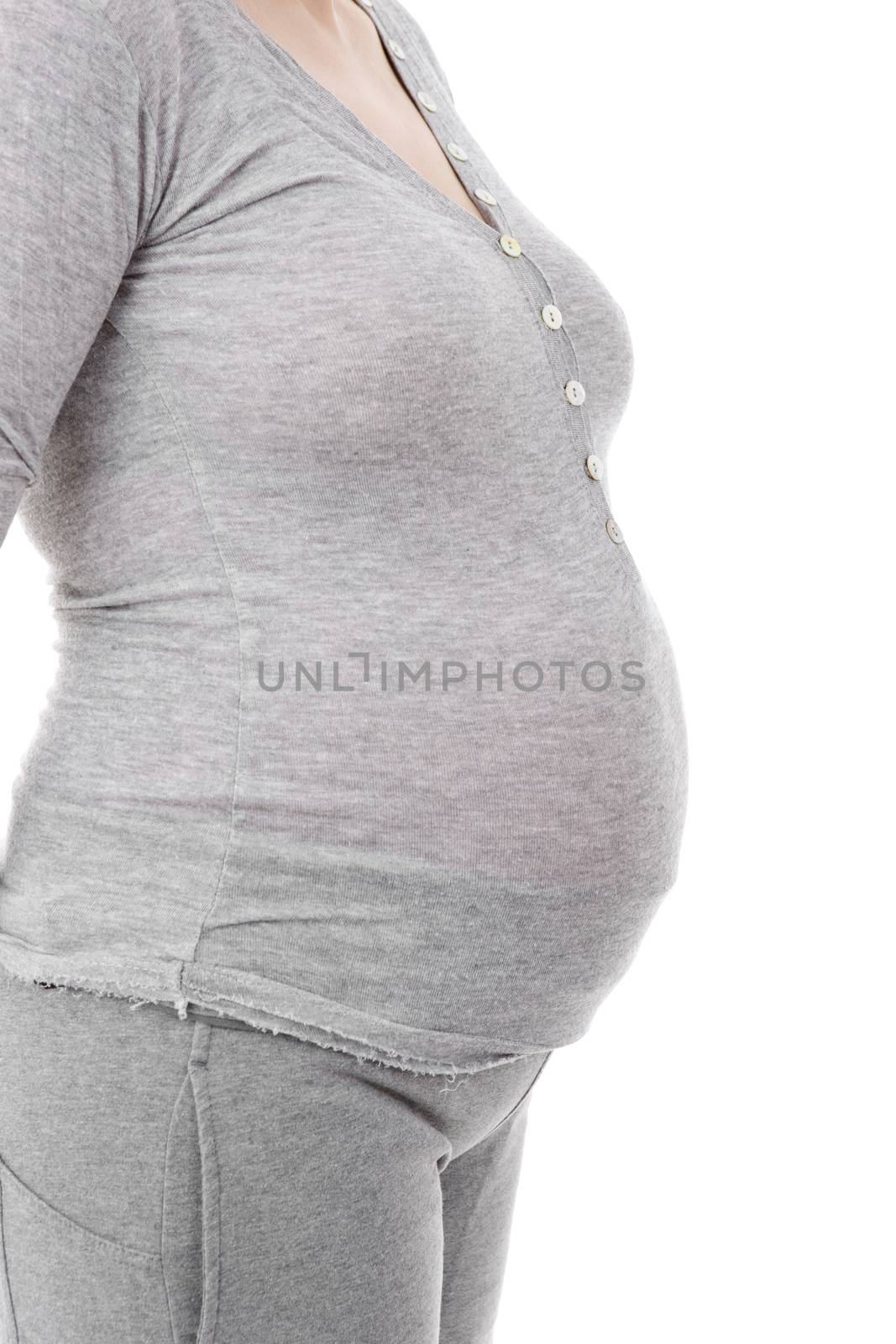 Closeup of pregnant woman at white background