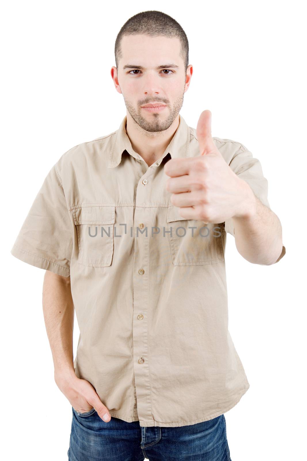 young casual man going thumb up, isolated on white