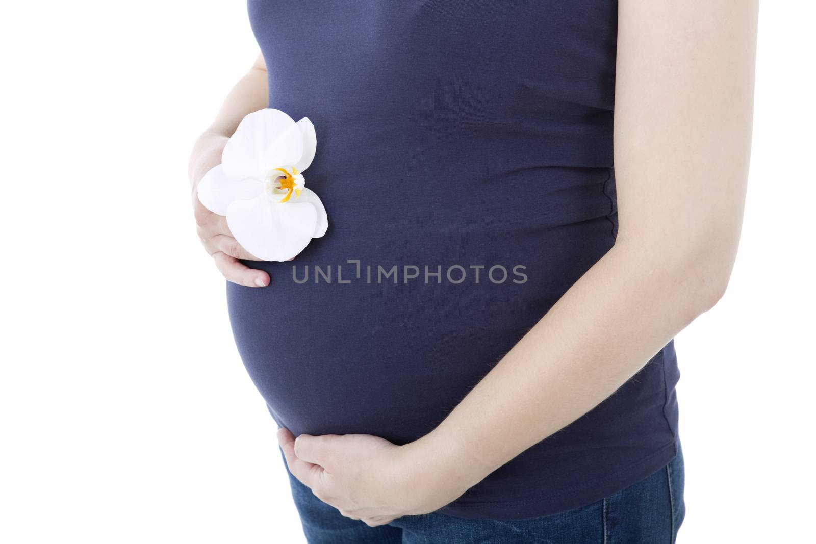 Closeup of pregnant woman at white background