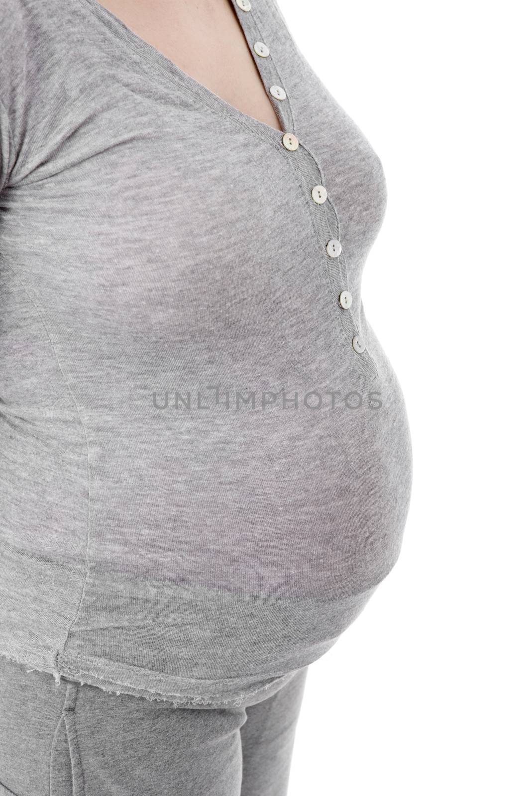 Closeup of pregnant woman at white background