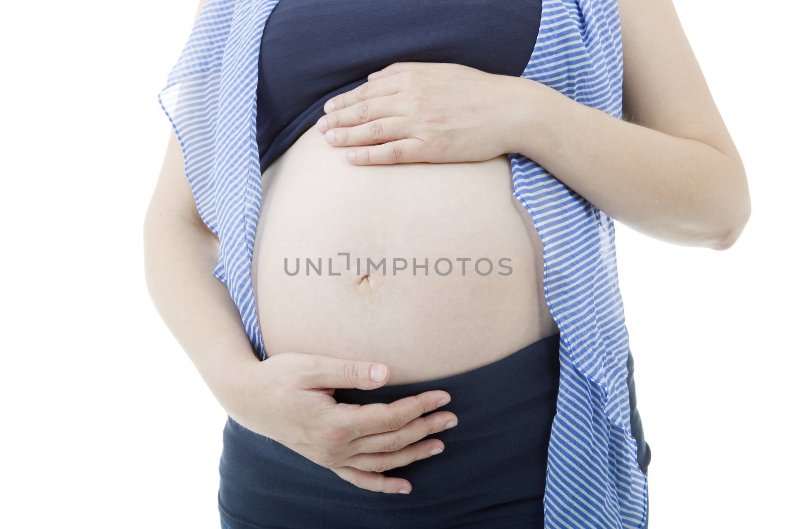 Closeup of pregnant woman at white background