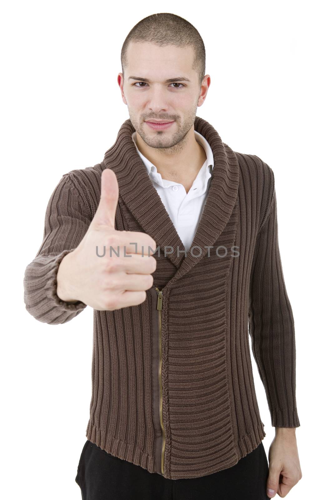 young casual man going thumb up, isolated on white