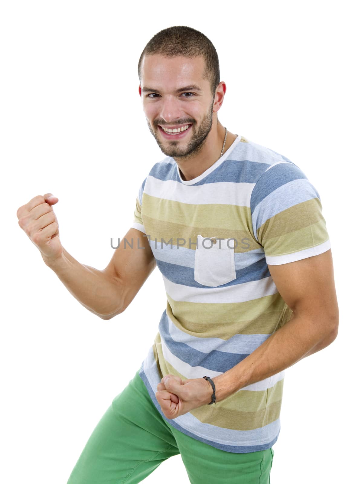 happy young man winning, isolated on white