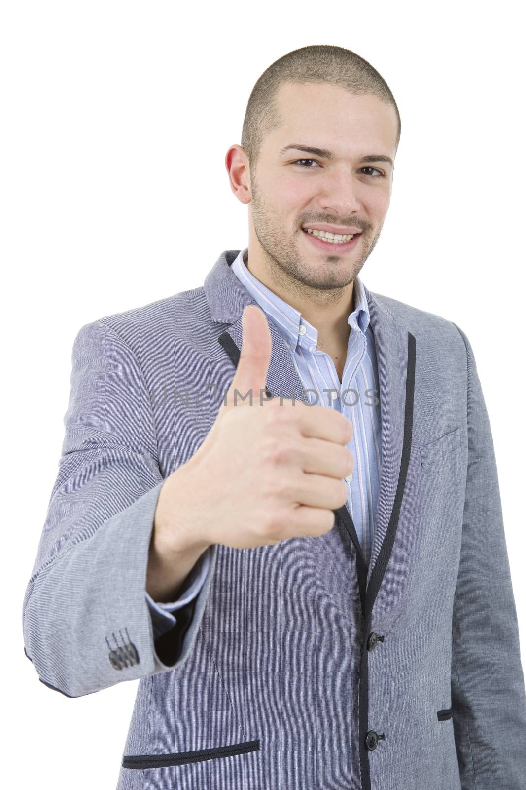 young casual man going thumb up, isolated on white