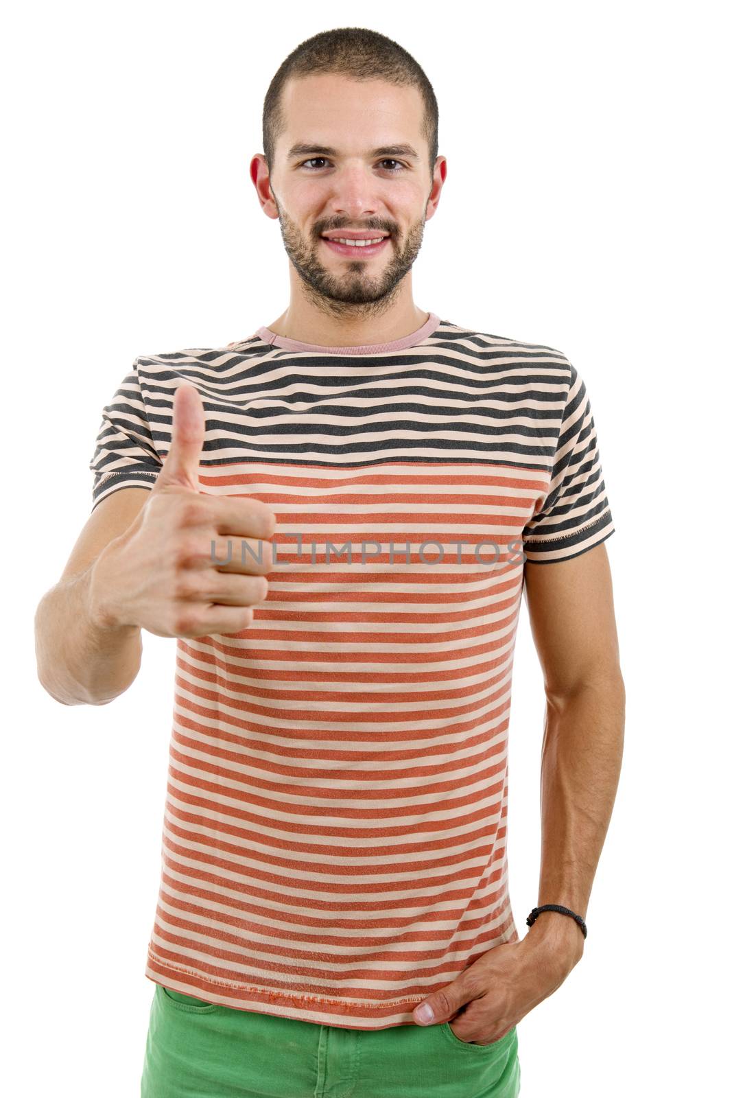 young casual man going thumb up, isolated on white