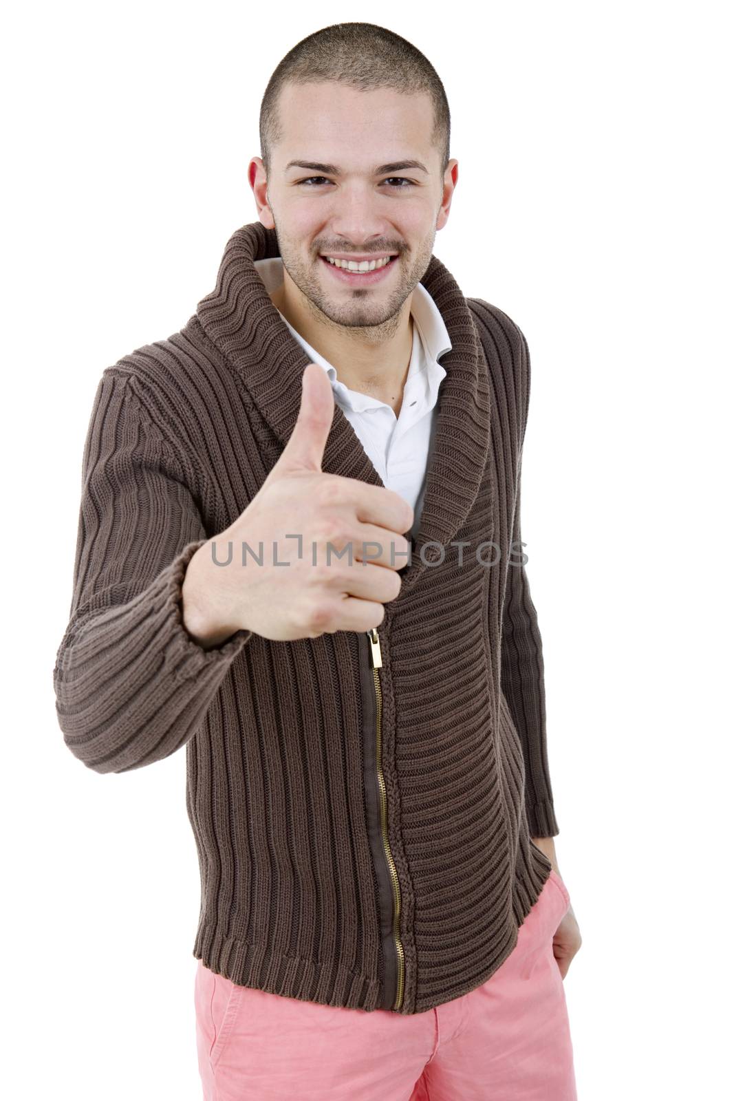 young casual man going thumb up, isolated on white