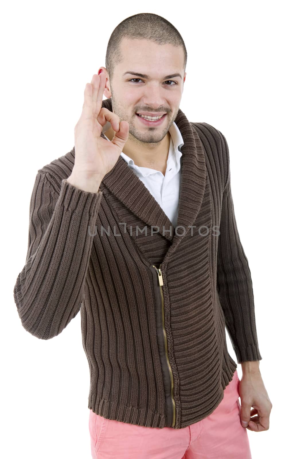 happy young man winning, isolated on white