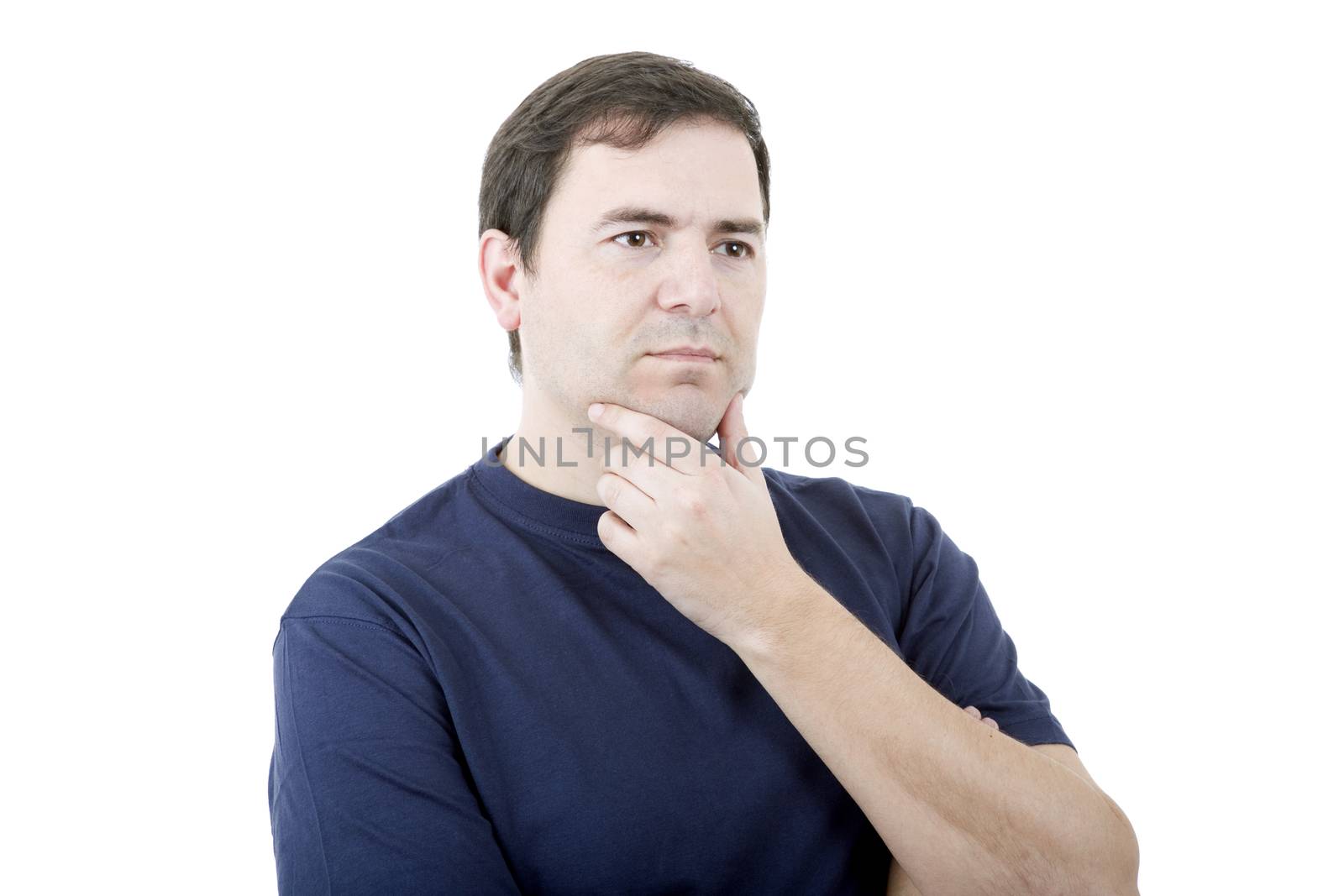 pensive young casual man portrait, isolated on white