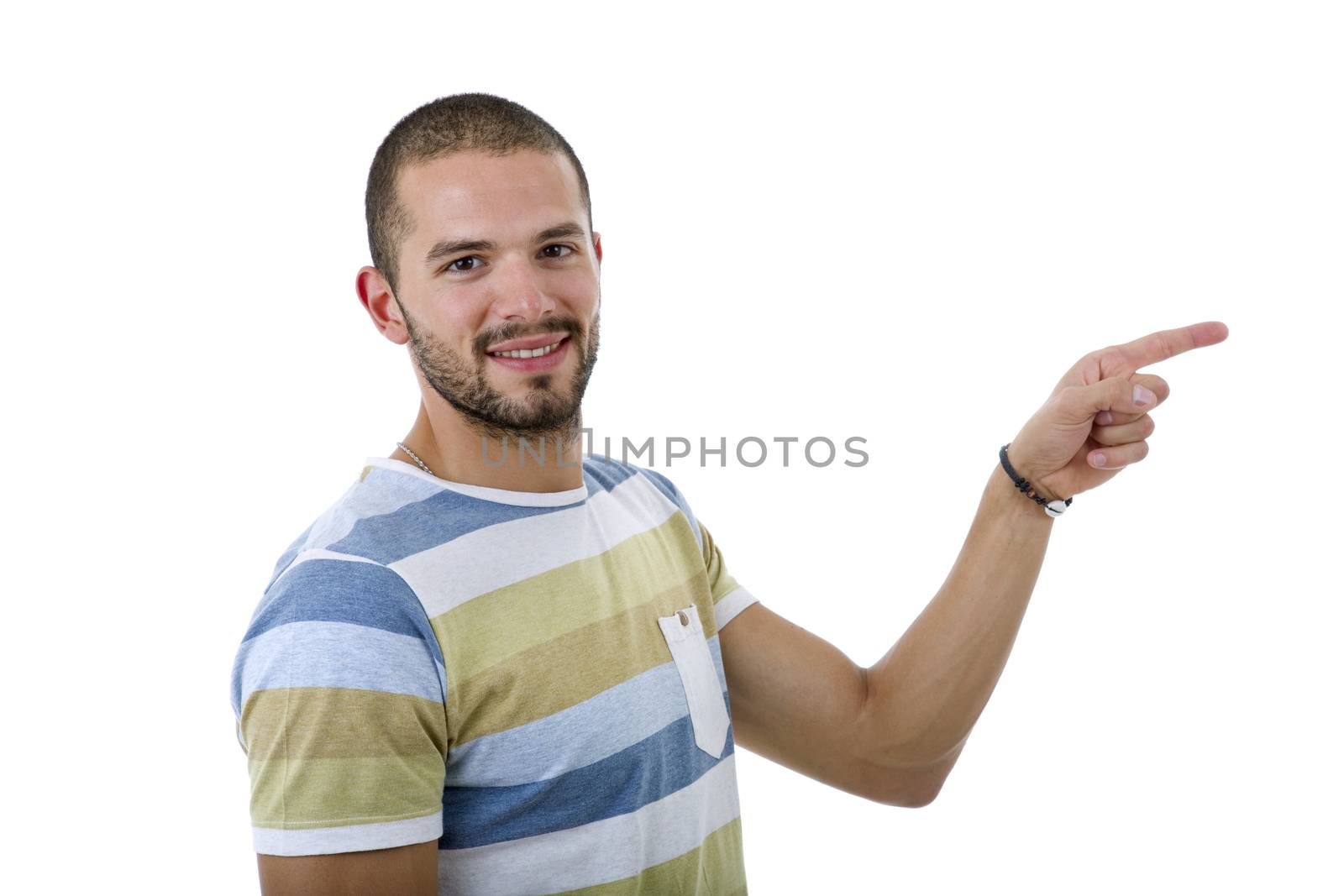 young casual man pointing, isolated on white