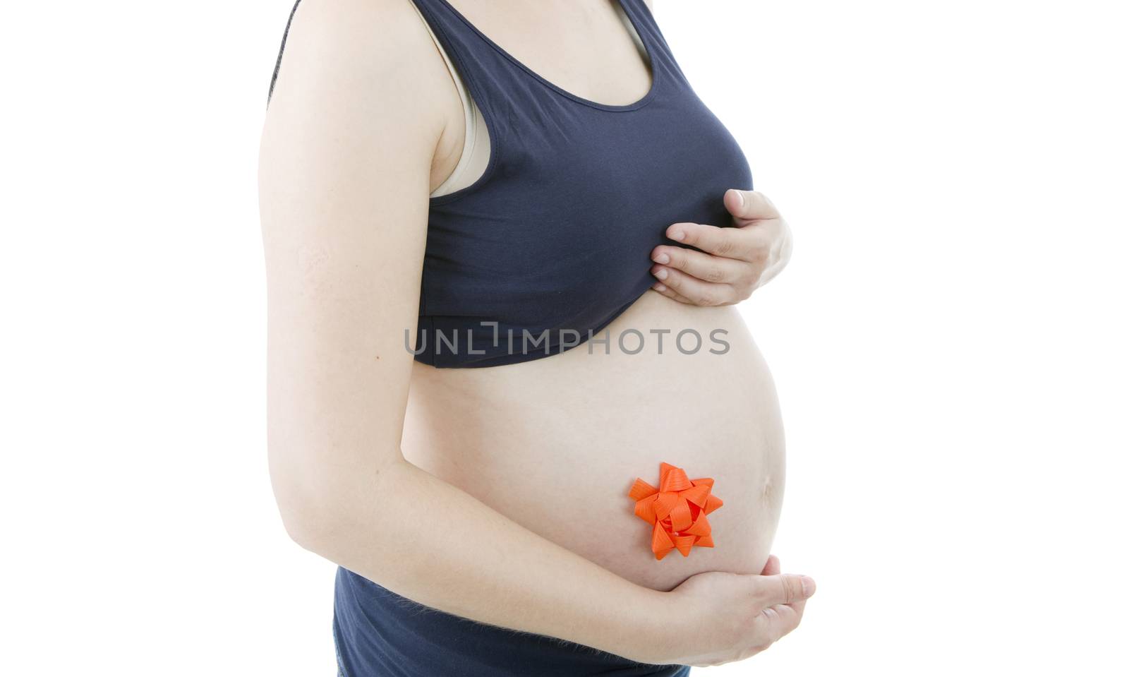 Closeup of pregnant woman at white background