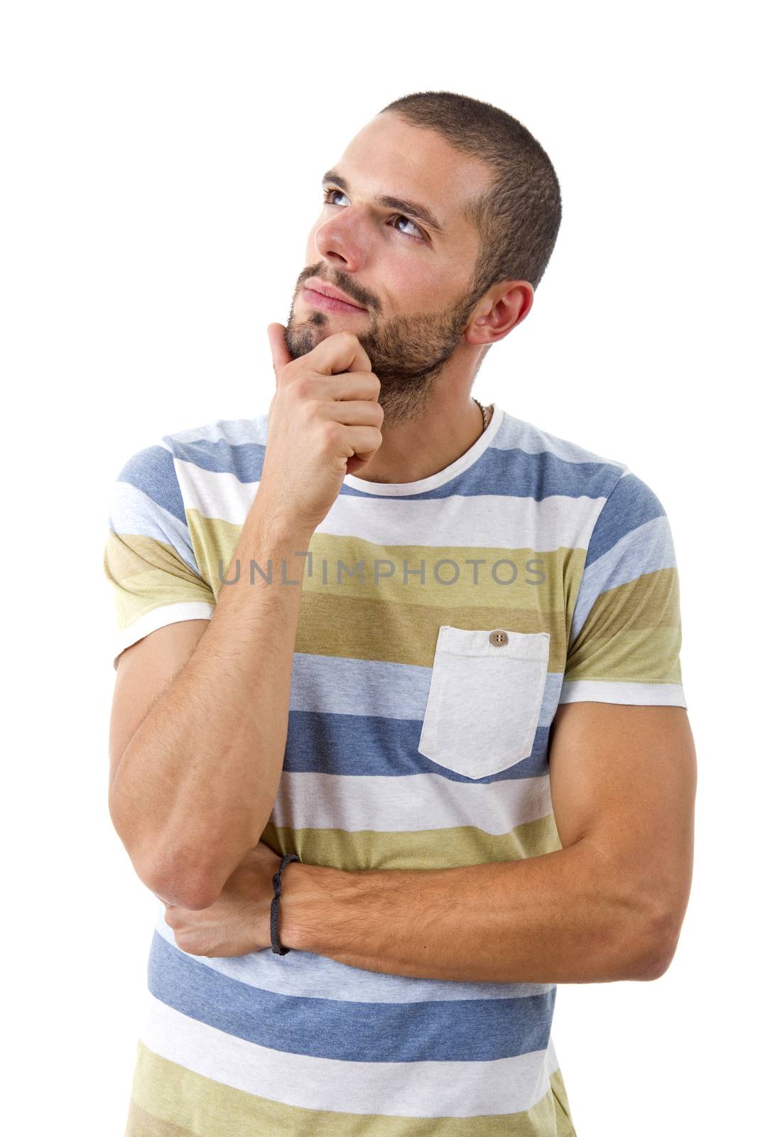 pensive young casual man portrait, isolated on white