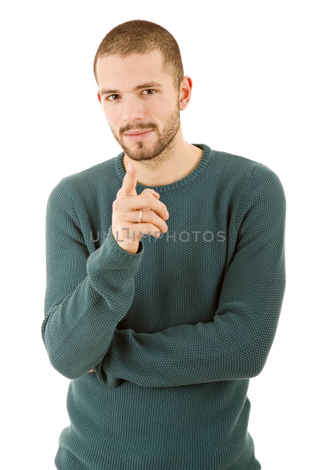 young casual man pointing, isolated on white