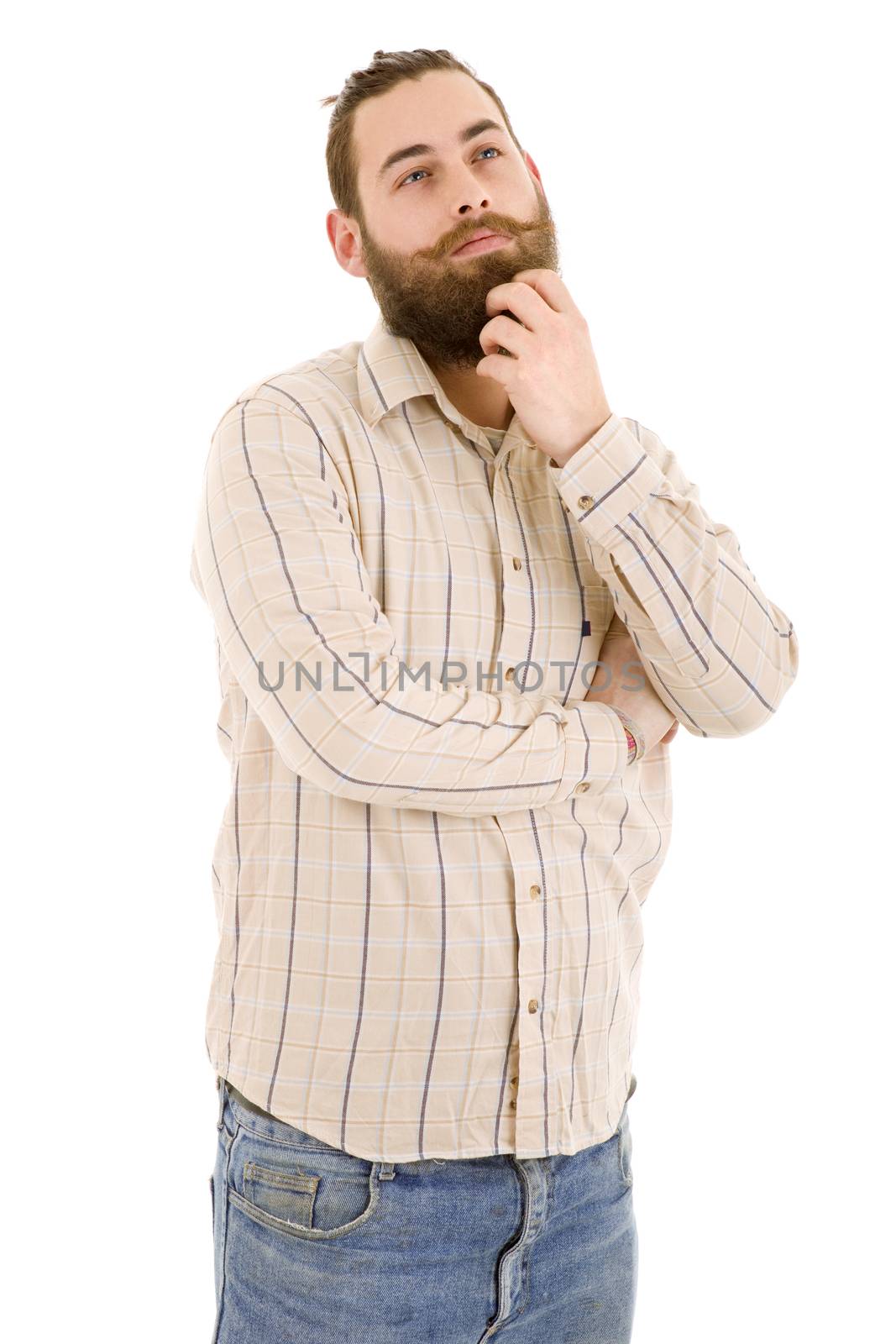 pensive young casual man portrait, isolated on white