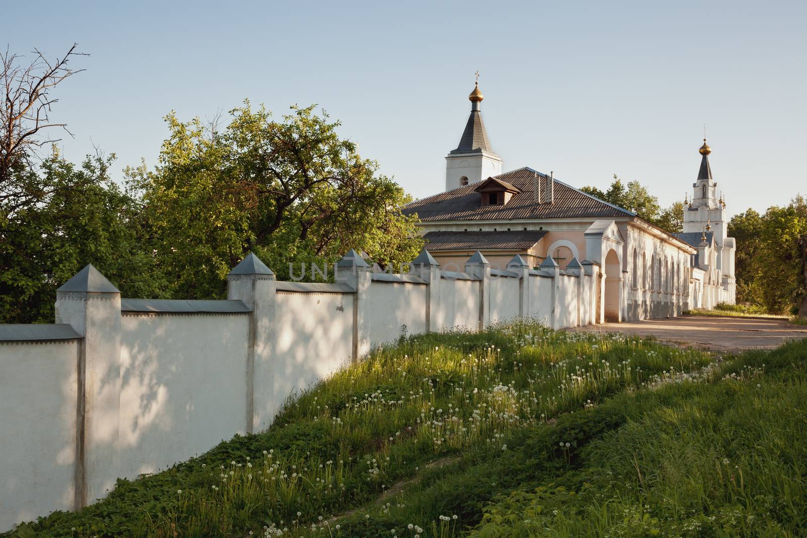 Old white stone man's monastery in the Smolensk region Russia