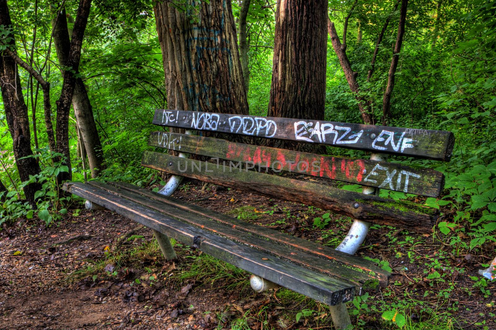 Graffiti bench in the woods by Coffee999