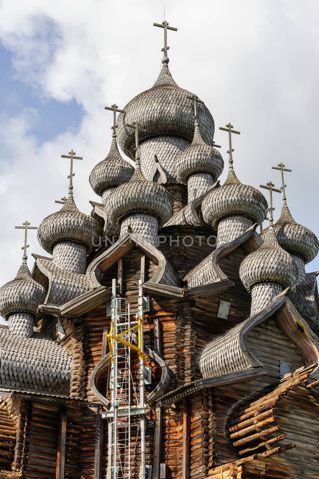 Antique wooden Church of Transfiguration at Kizhi island in Russia under reconstruction