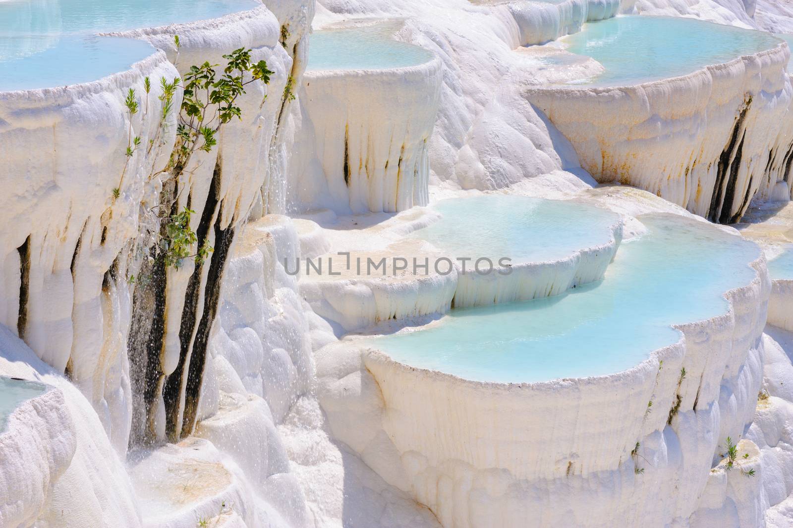 Blue cyan water travertine pools at ancient Hierapolis, now Pamukkale, Turkey