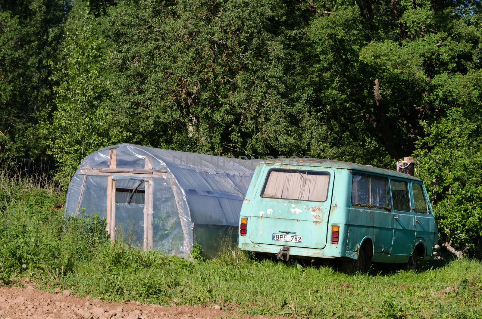 greenhouse and old mini bus in garden meadow by sauletas