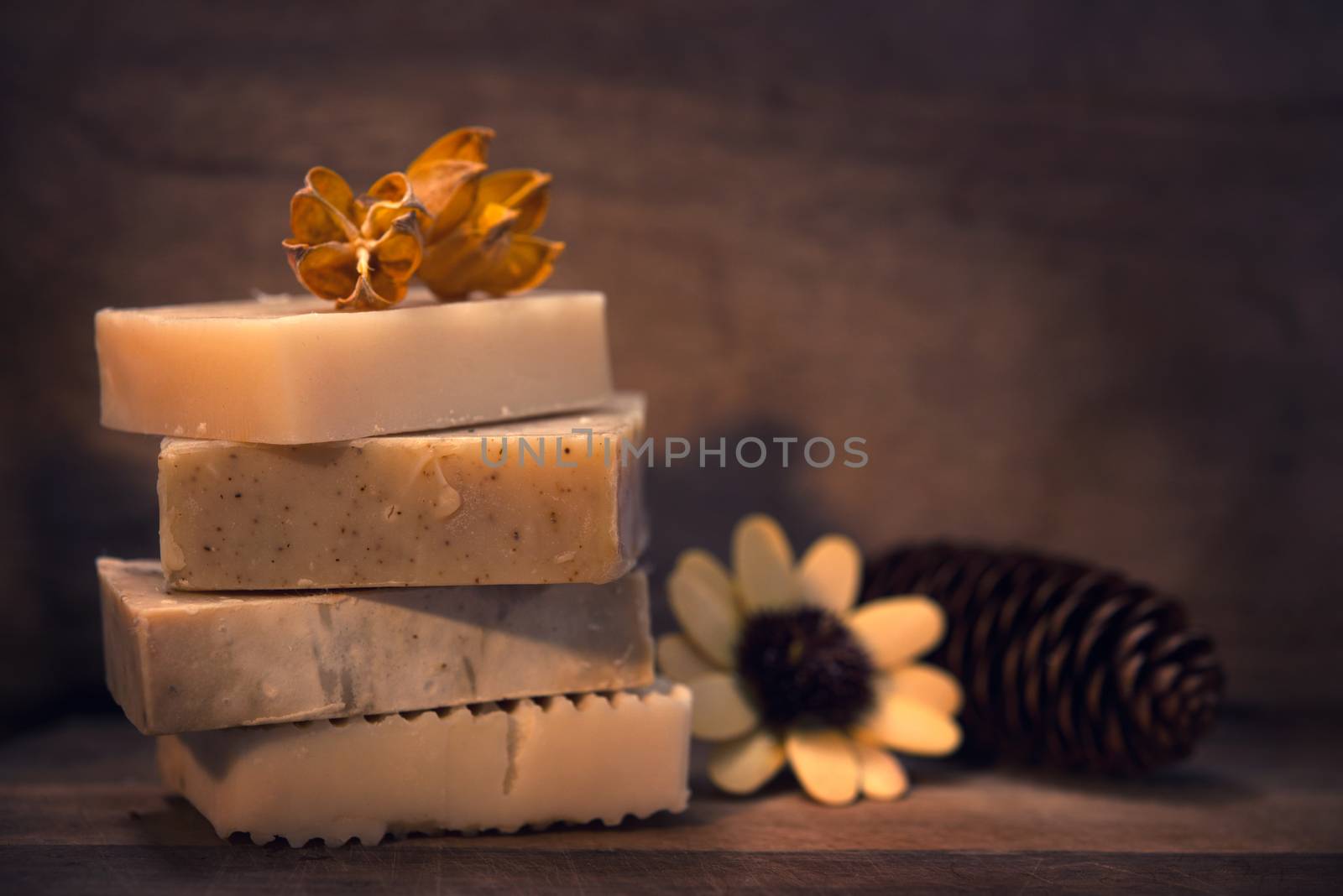 Handmade vegan soap in low light ambient setting.