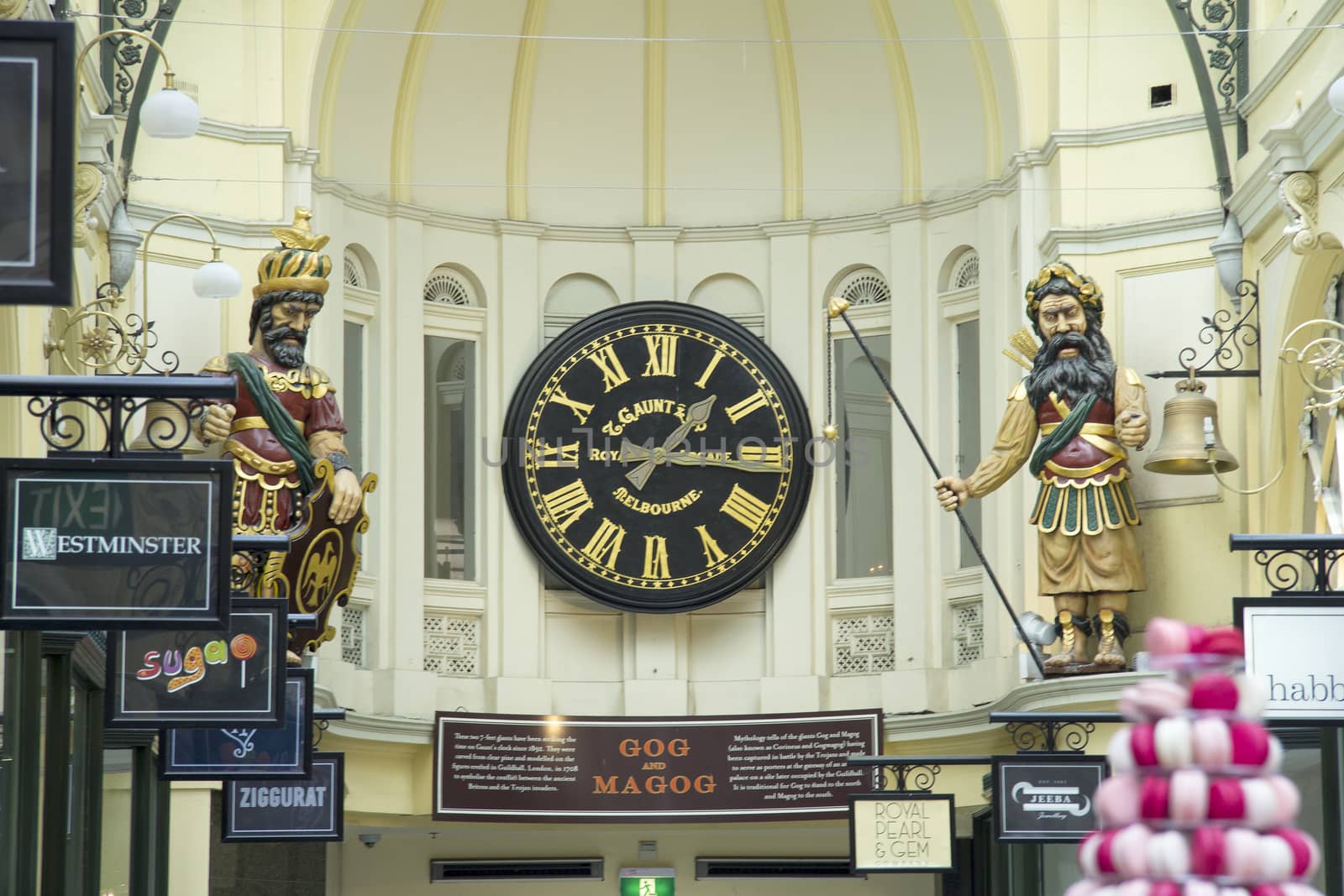 Melbourne, Australia-March 18th 2013: Clock in Royal Arcade. The arcade was designed by Charles Webb and constructed in 1869.