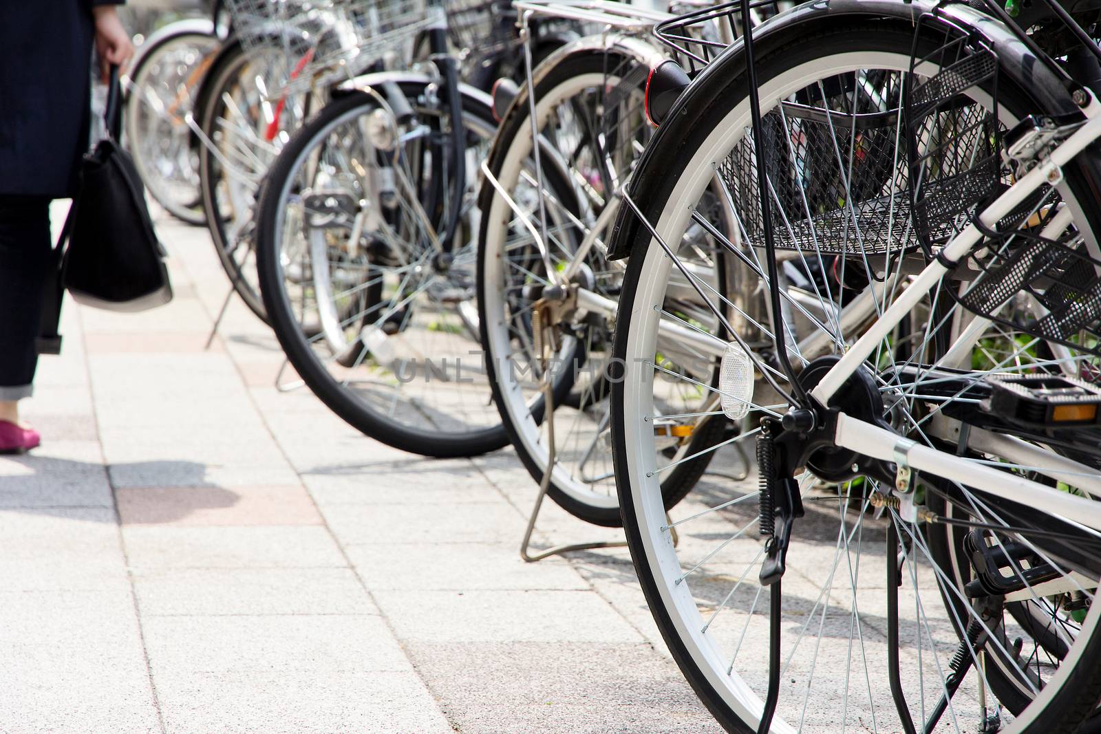 Bicycles parked on a street in Tokyo, Japan