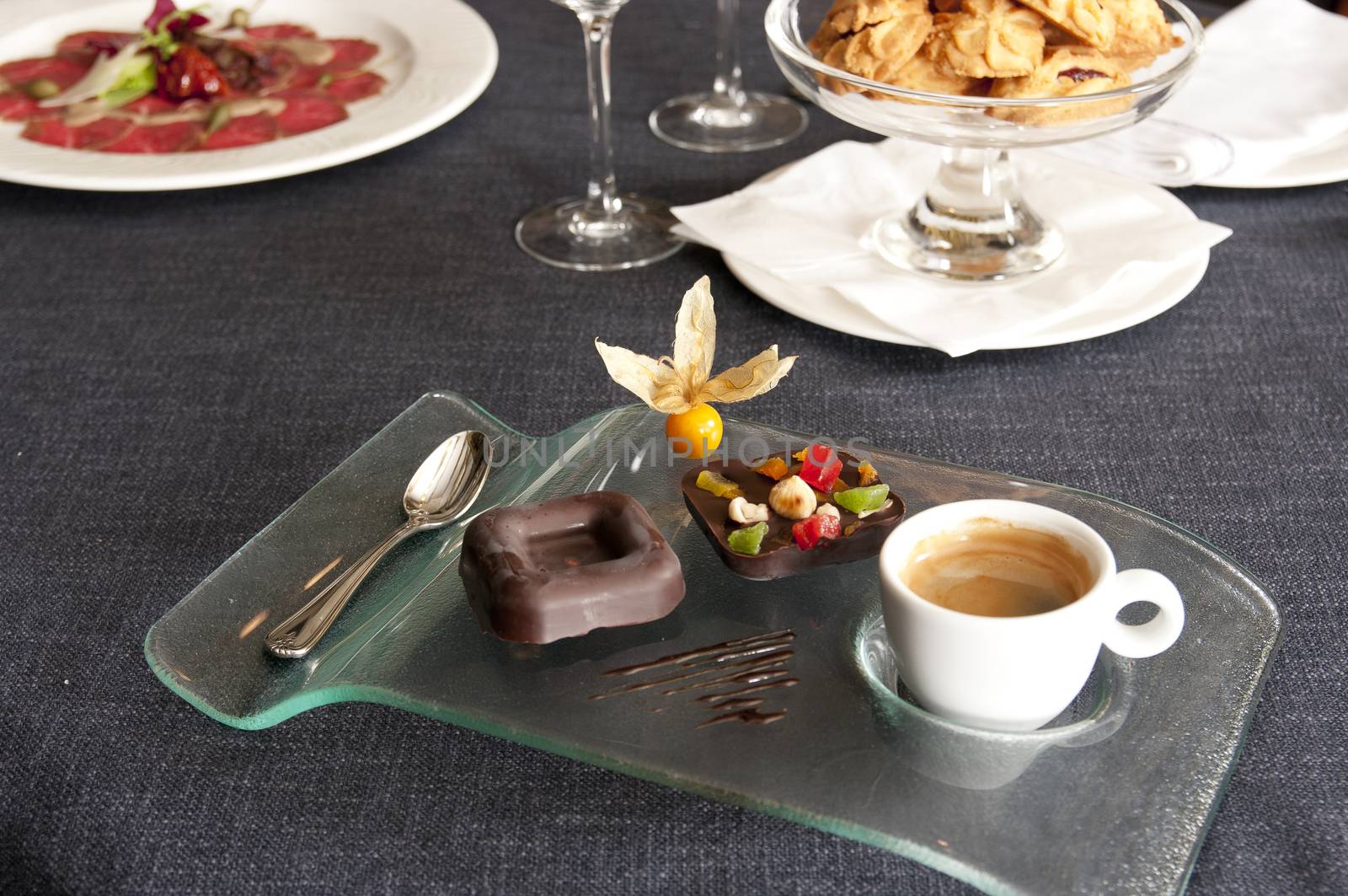 Beautiful decorated table. Tasty and beautiful food in a restaurant