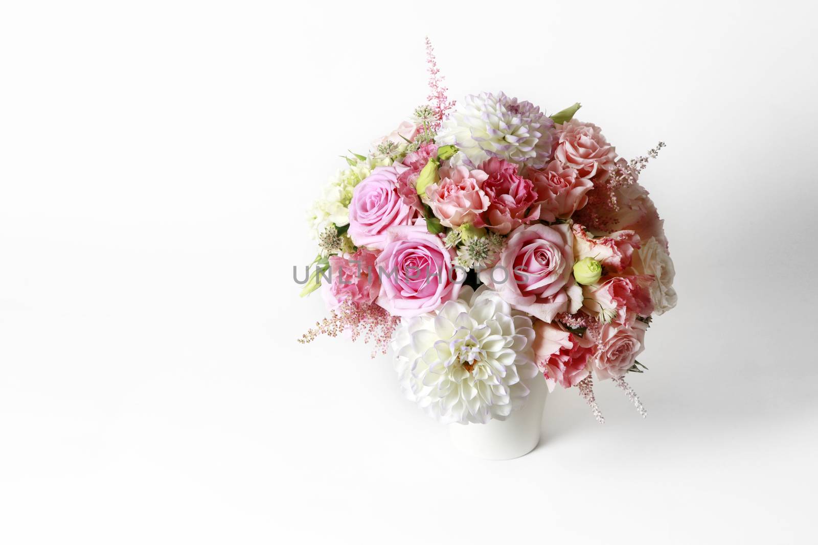 Bouquet alstroemeria, peony and rose on white isolated background