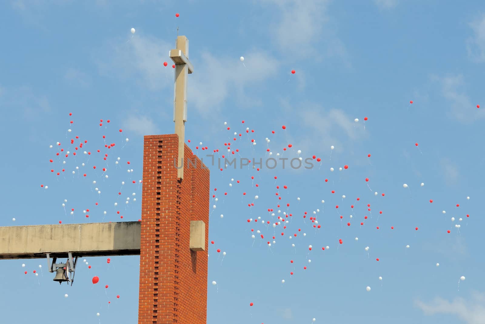 Red and white ballons released at a church in Bloemfontein, South Africa
