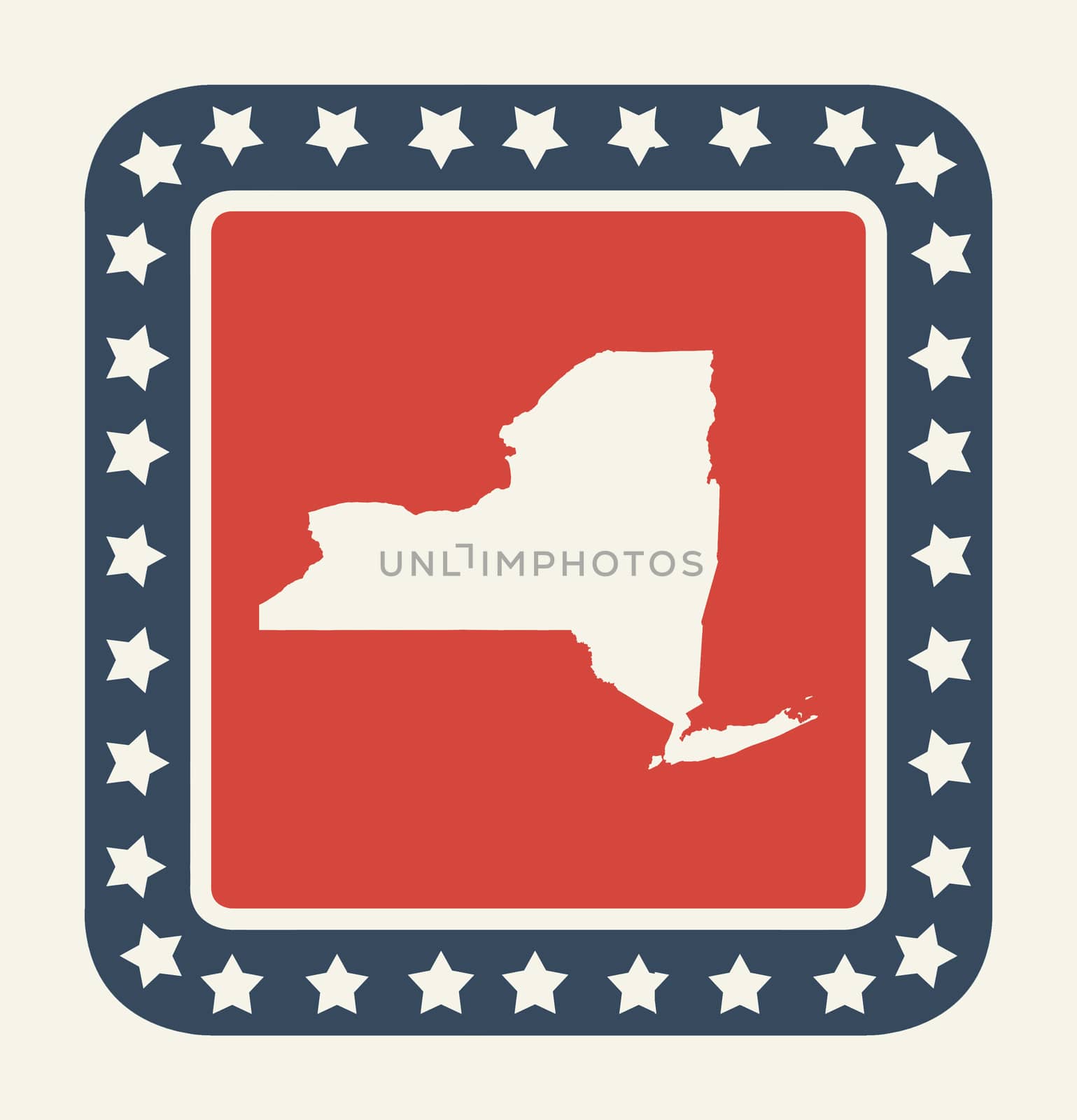 New York state button on American flag in flat web design style, isolated on white background.