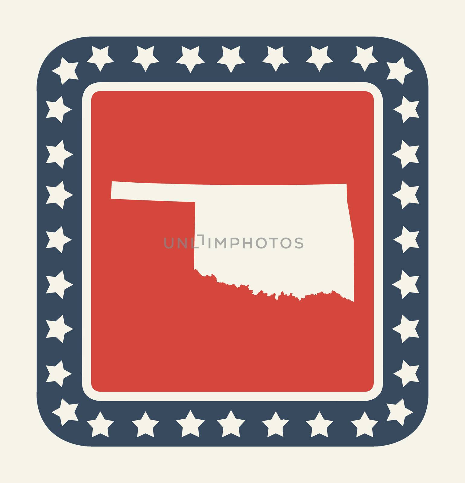 Oklahoma state button on American flag in flat web design style, isolated on white background.