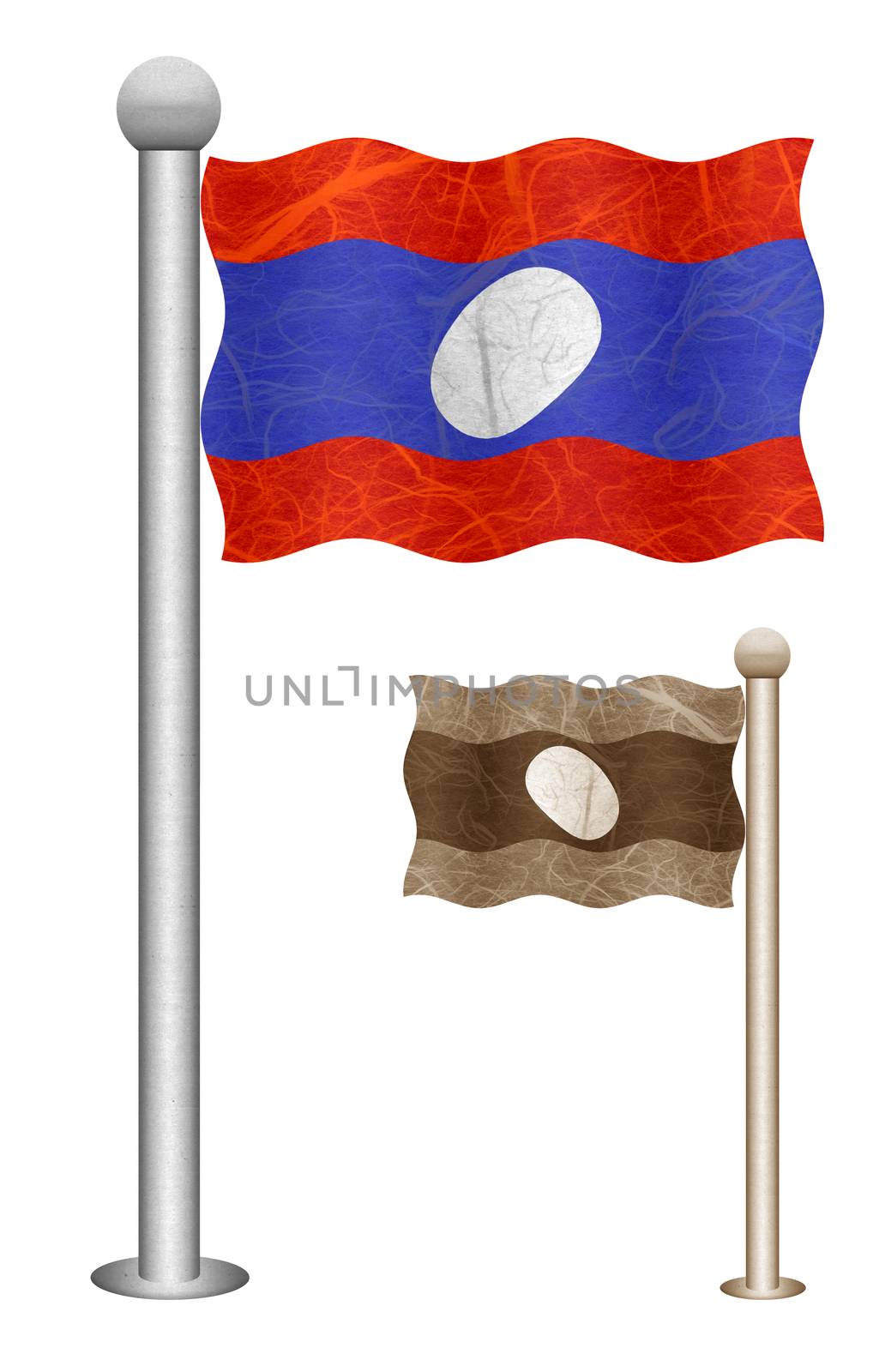 Laos flag waving on the wind. Flags of countries in Asia. Mulberry paper on white background.