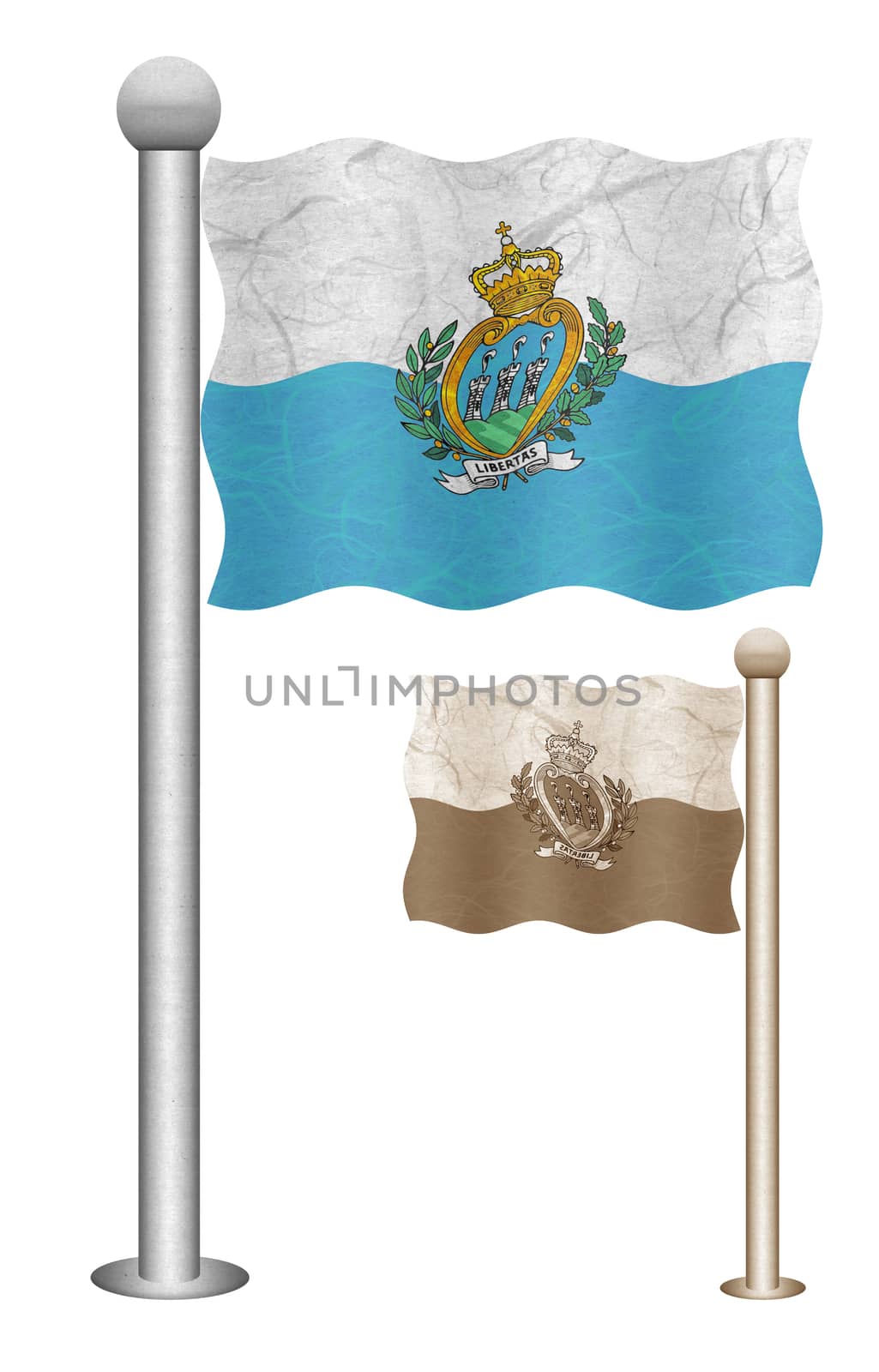 San Marino flag waving on the wind. Flags of countries in Europe. Mulberry paper on white background.