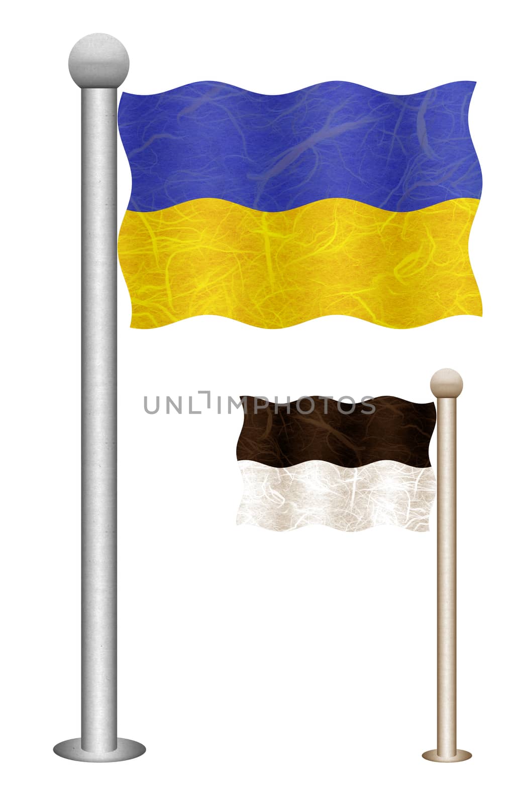 Ukraine flag waving on the wind. Flags of countries in Europe. Mulberry paper on white background.