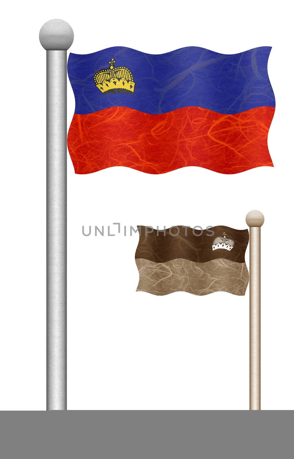 Liechtenstein flag waving on the wind. Flags of countries in Europe. Mulberry paper on white background.