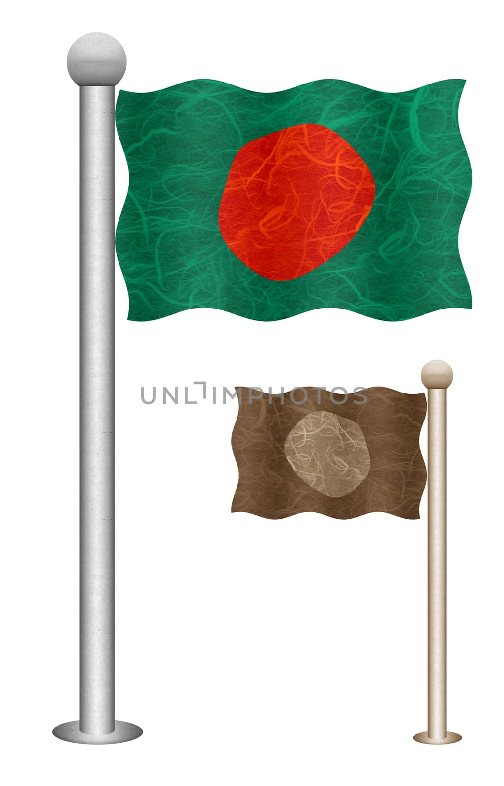 Bangladesh flag waving on the wind. Flags of countries in Asia. Mulberry paper on white background.