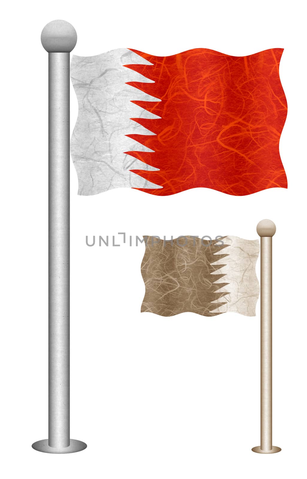 Bahrain flag waving on the wind. Flags of countries in Asia. Mulberry paper on white background.